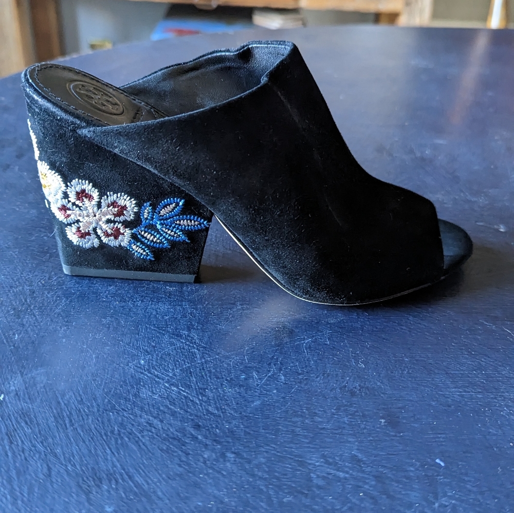 Tory Burch black suede mule wedges, size 6, embroidered